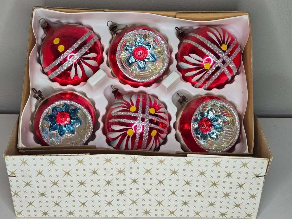 Vintage Hand Decorated Glass Christmas Tree Ornaments Set of 6